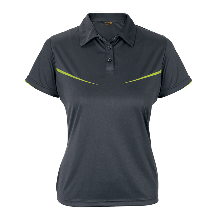 Women's golf polo shirt, charcoal with lime accent stripe, button placket and collar