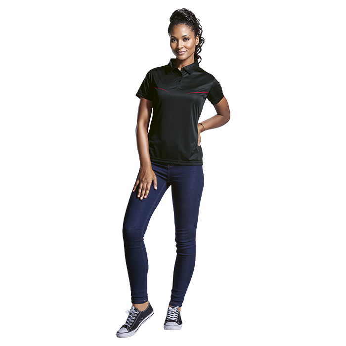 Women's golf polo shirt, black with red accent stripe; short sleeves and button collar