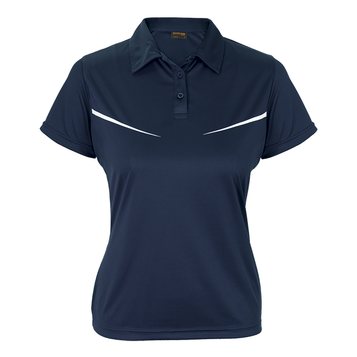 Women's golf polo shirt, navy with white accent stripe; short sleeves and button collar