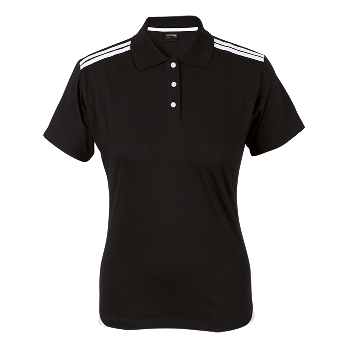 Black ladies polo shirt with white striped shoulders, button placket, and short sleeves