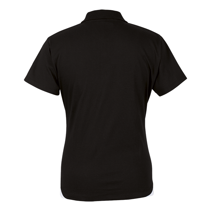 Black ladies polo shirt, back view with short sleeves and ribbed collar