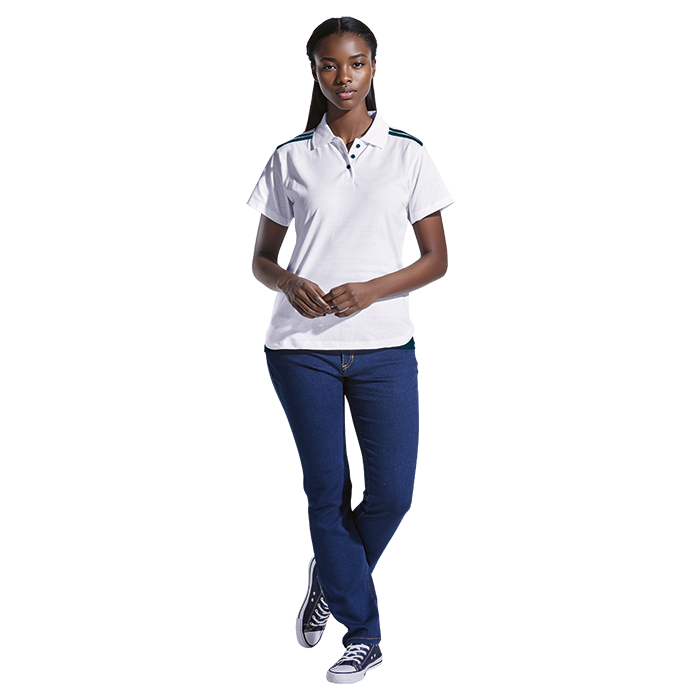 White ladies polo shirt with collar and button placket, worn with casual pants
