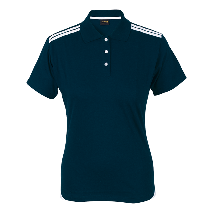 Teal ladies polo shirt with white striped shoulders, button placket, and short sleeves