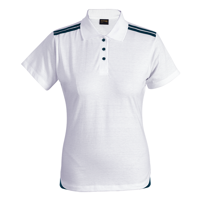 White ladies polo shirt with collar and button placket, with teal striped shoulder detail