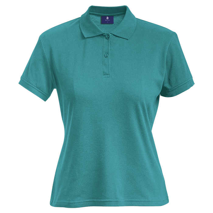 Ladies aquamarine polo shirt with short sleeves, button placket, and fold-over collar