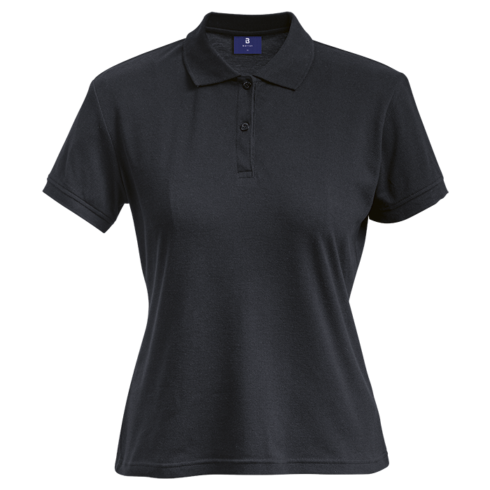 Ladies black polo shirt with short sleeves, button placket, and fold-over collar