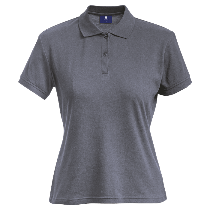 Ladies grey polo shirt with short sleeves, button placket, and fold-over collar