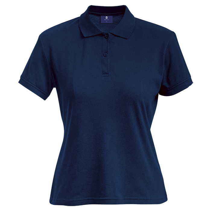 Ladies navy polo shirt with short sleeves, button placket, and fold-over collar