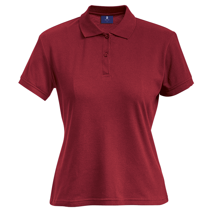 Ladies red polo shirt with short sleeves, button placket, and fold-over collar