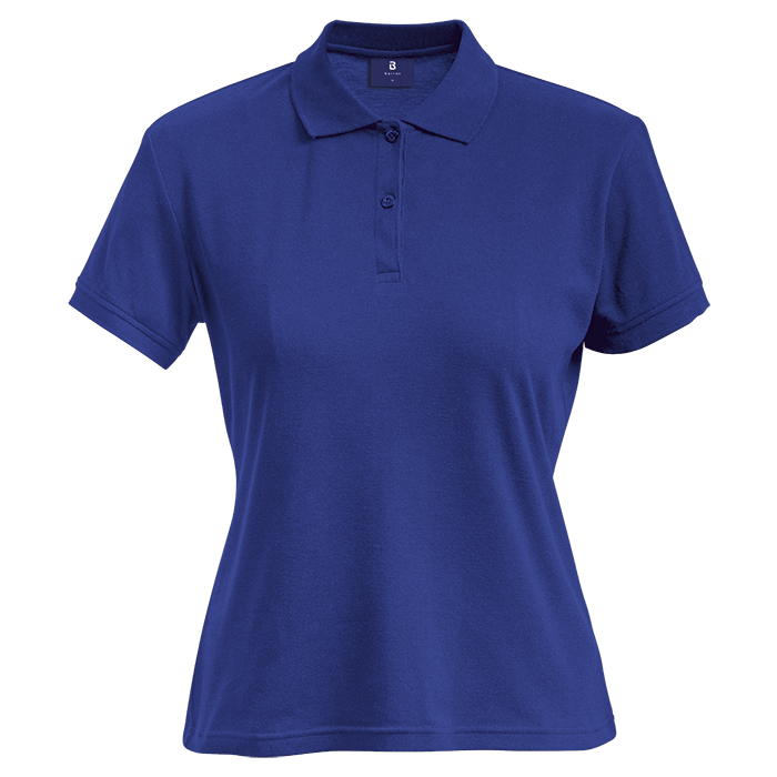 Ladies royal blue polo shirt with short sleeves, button placket, and fold-over collar