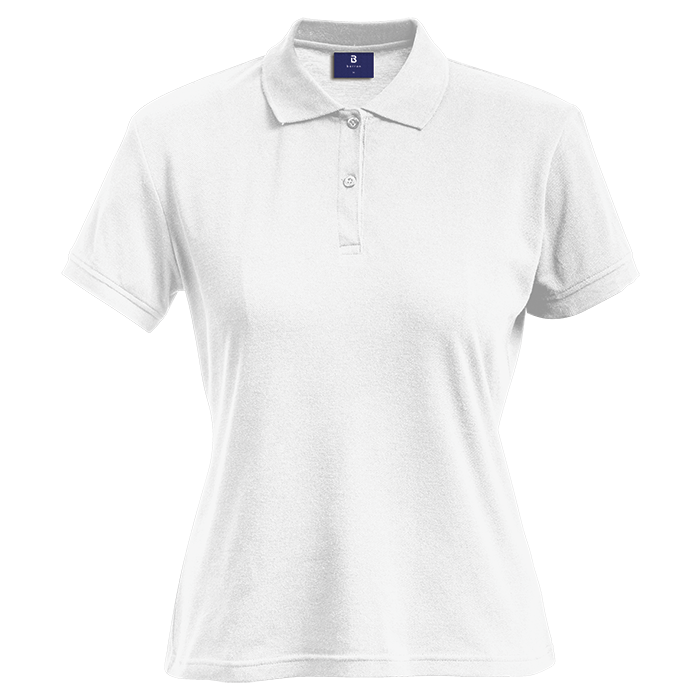 Ladies white polo shirt with short sleeves, button placket, and fold-over collar