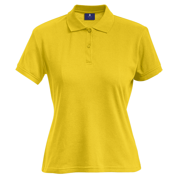 Ladies yellow polo shirt with short sleeves, button placket, and fold-over collar
