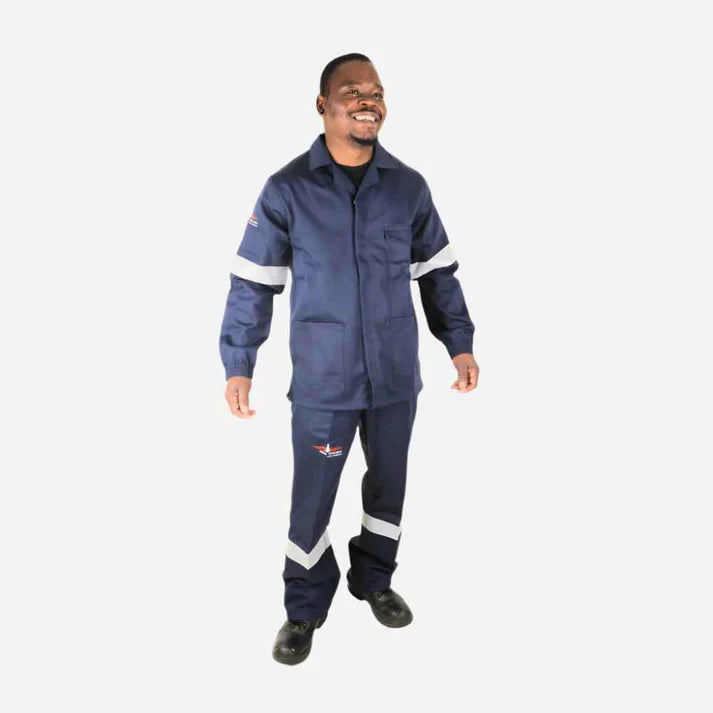 Dark blue work overalls with reflective leg bands and ankle cuffs