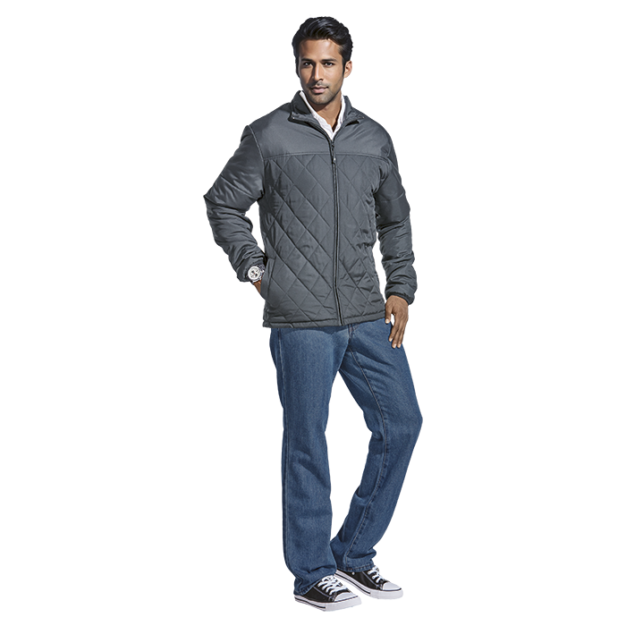 Steel grey quilted zip-up jacket with stand collar and full-length zipper