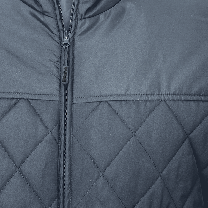 Steel grey quilted zip-up jacket with diamond stitching and high collar
