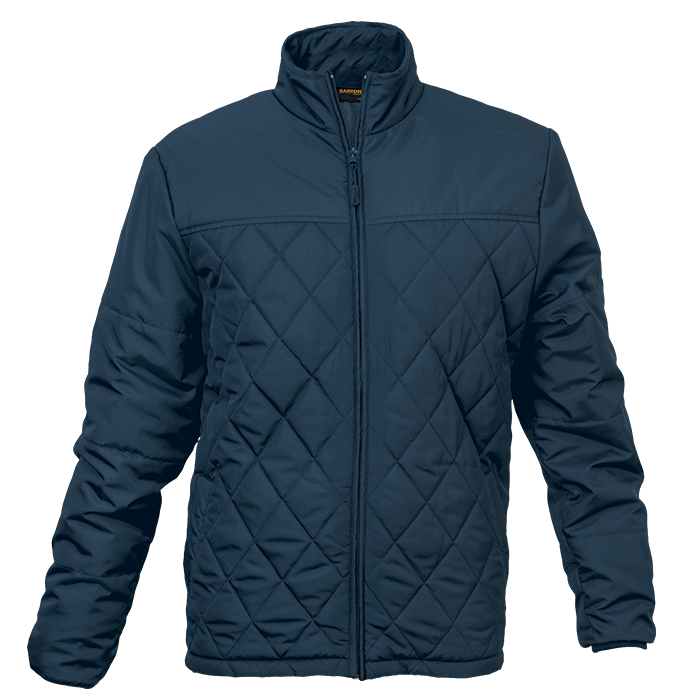 Navy quilted zip-up jacket with diamond stitching and stand collar