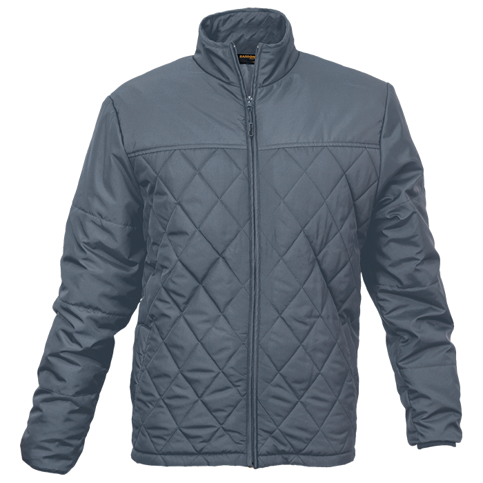 Steel grey quilted zip-up jacket with diamond quilting and stand collar