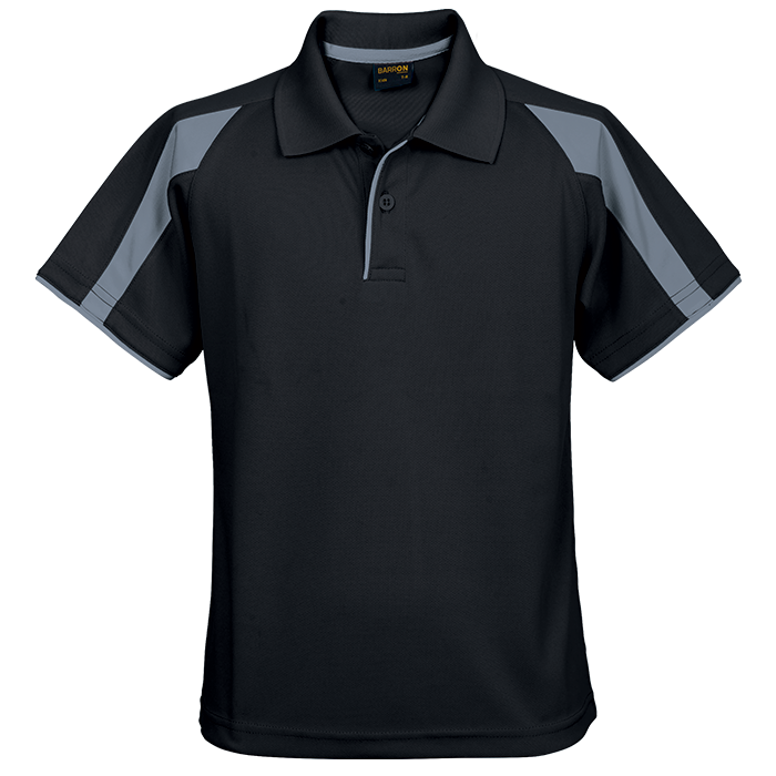 Kids golfer polo shirt in black with gray contrast sleeve panels and collar trim