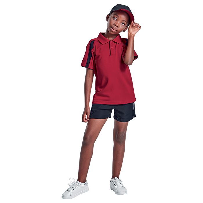 Kids red golfer polo shirt with black contrast side panels and button placket