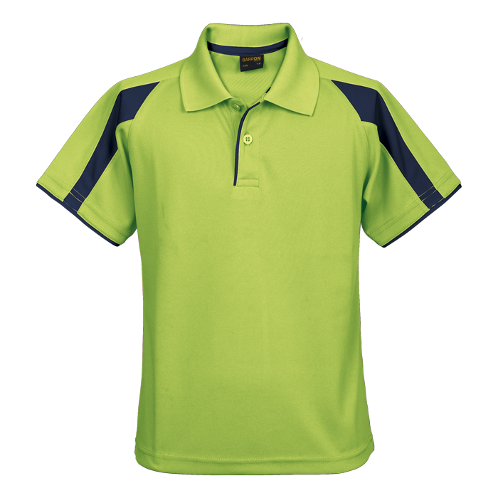 Kids golfer polo shirt in lime green with navy contrast shoulder panels