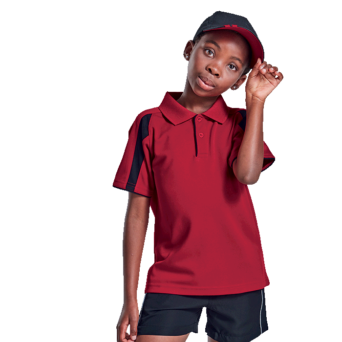Kids red golfer polo shirt with black contrast side panels and button placket