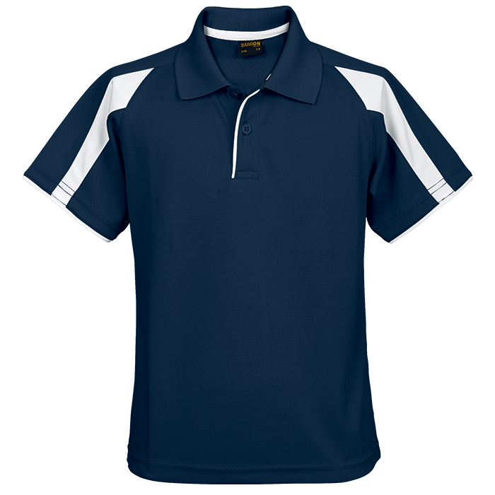 Kids golfer polo shirt in navy blue with white contrast sleeve panels
