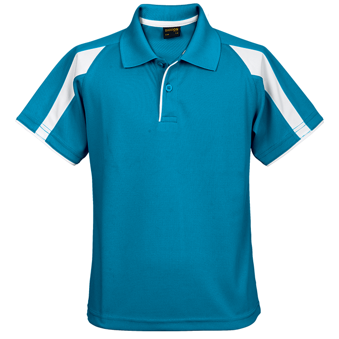 Kids golfer polo shirt in bright teal blue with white contrast sleeve panels