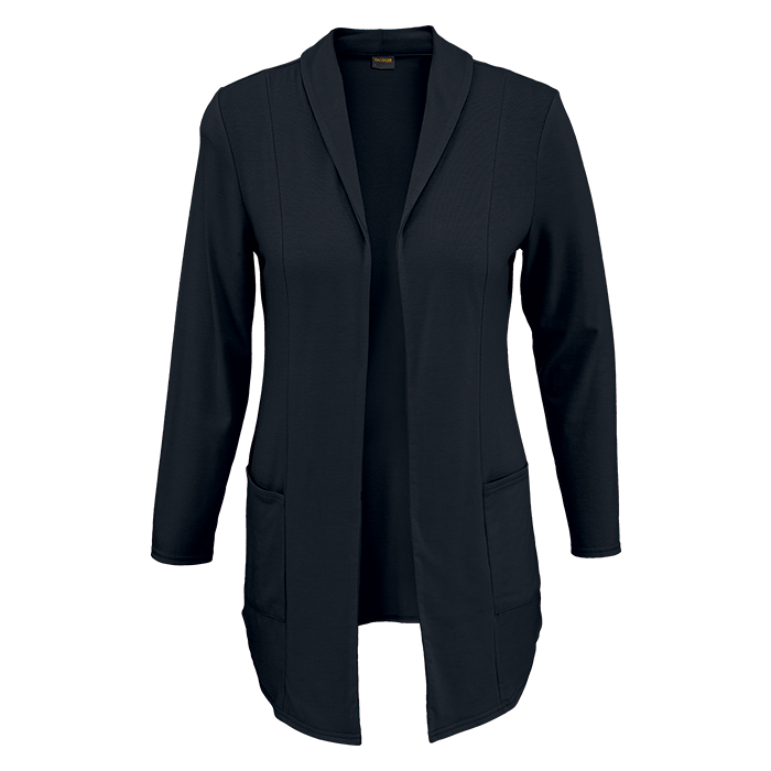 Black ladies jersey cardigan with open front, long sleeves, and side pockets