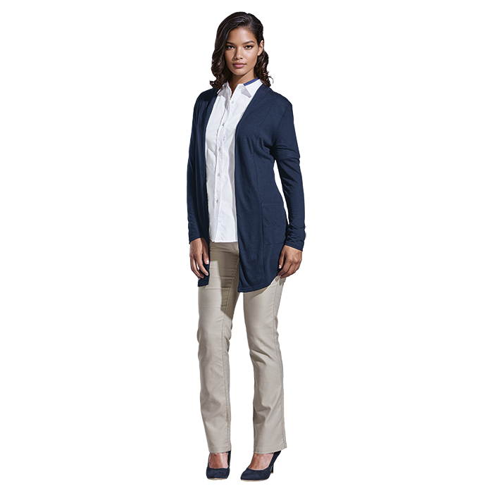 Navy ladies jersey cardigan worn open-front with long sleeves and side pockets