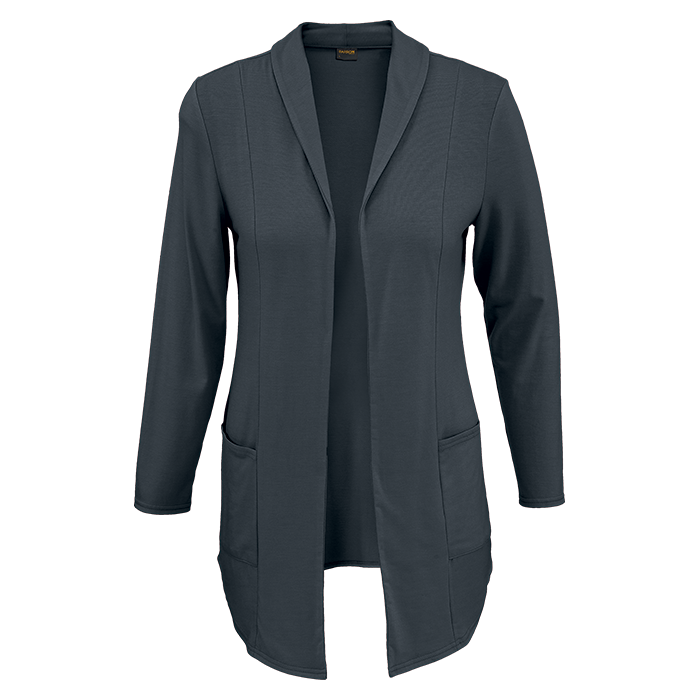 Dark charcoal/black ladies jersey cardigan with open front and side pockets