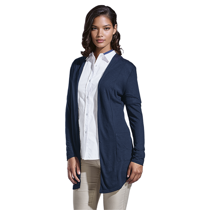 Navy ladies jersey cardigan with open front, long sleeves, and side pockets on model