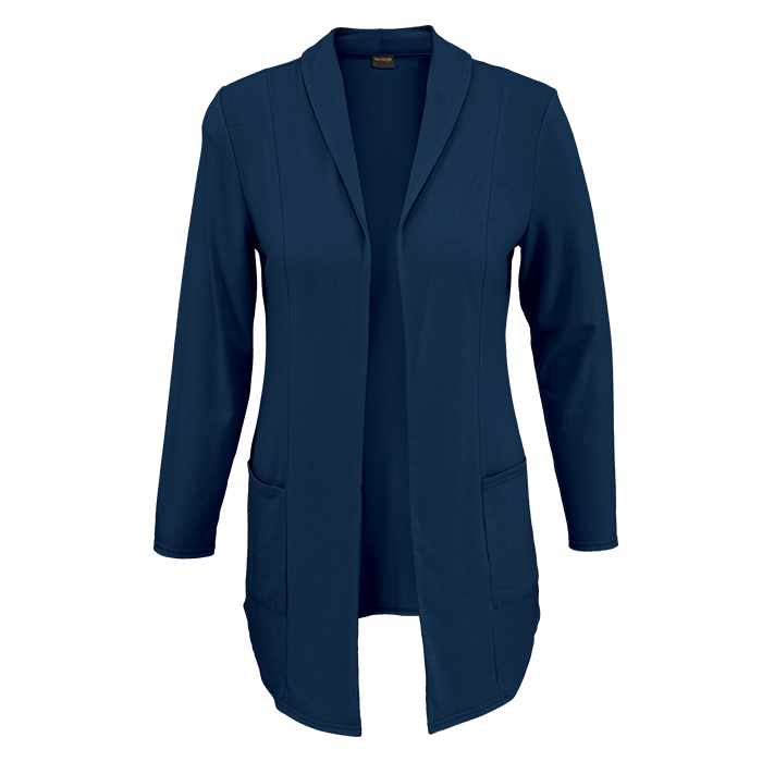 Navy ladies jersey cardigan with open front, long sleeves, and side pockets