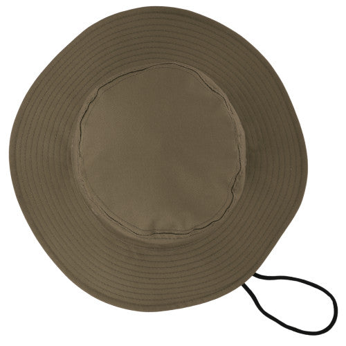 Olive-brown bush floppy hat with textured brim and chin strap