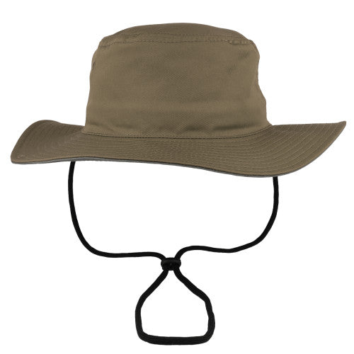 Brown bush floppy hat with wide brim and chin strap