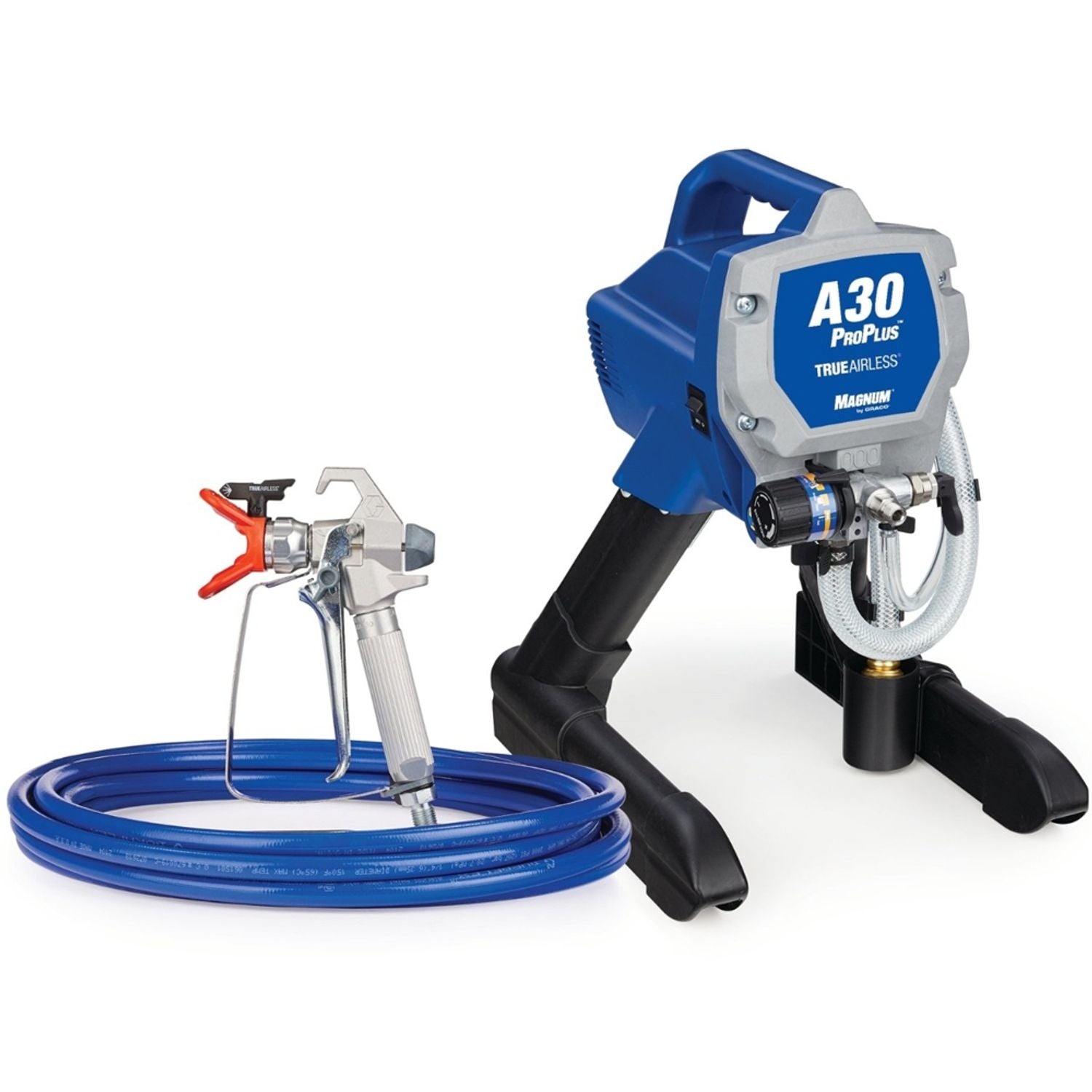 Graco airless paint sprayer with blue hose and spray gun, black handles