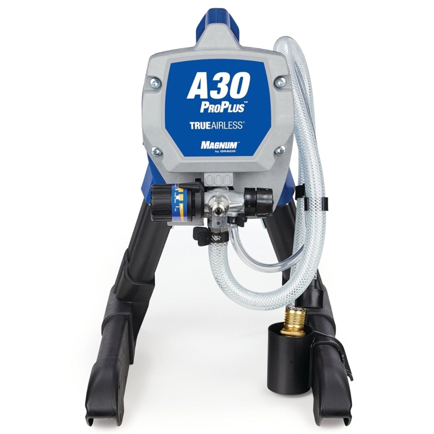 Graco A30 ProPlus airless sprayer unit with front label, gray/blue body and hose