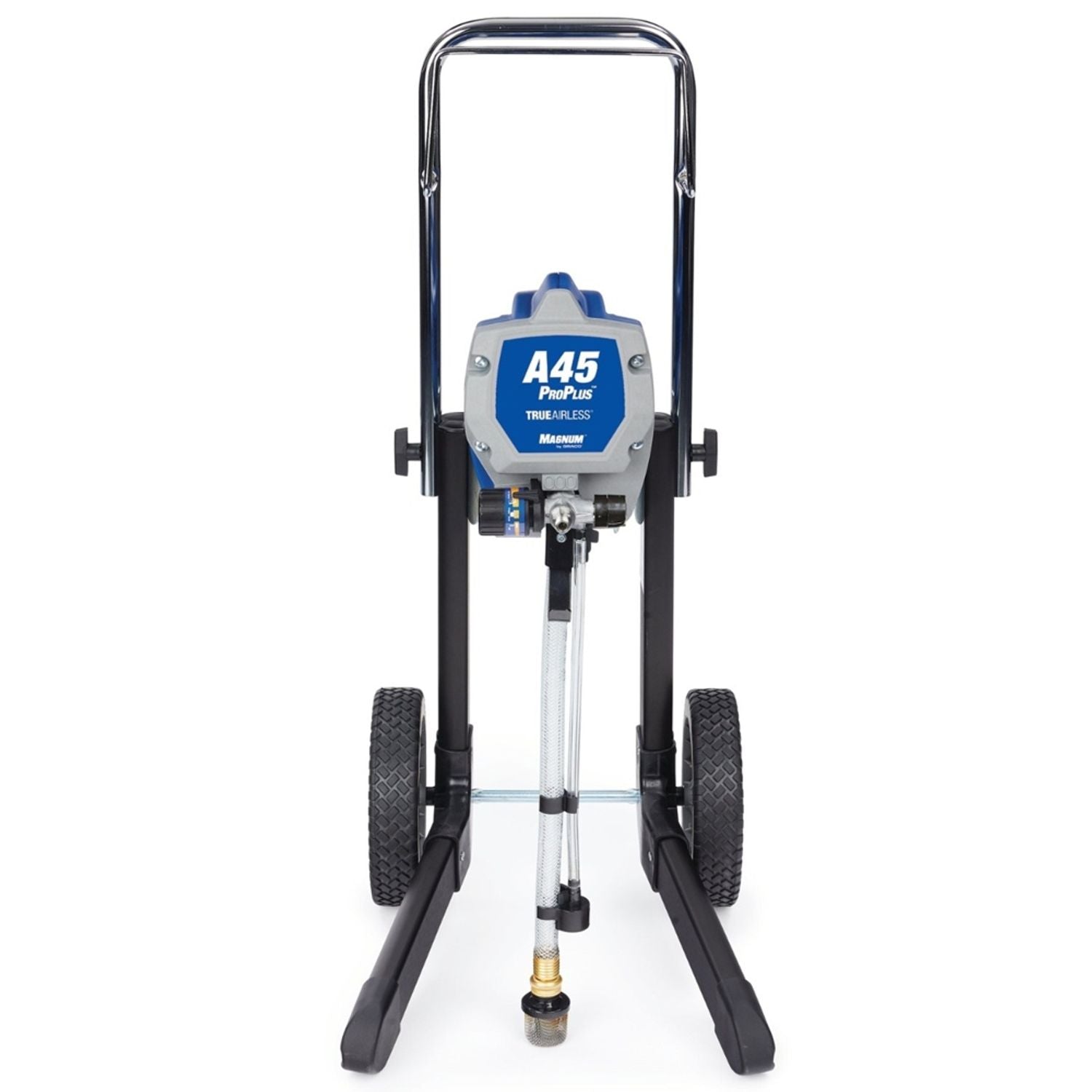 Graco A45 ProPlus electric airless sprayer on four-leg stand with spray gun