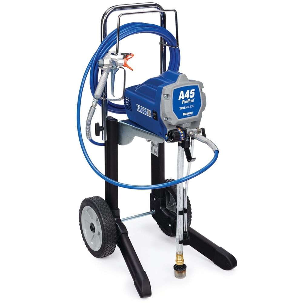Graco A45 ProPlus electric airless sprayer with blue hose and two wheel cart