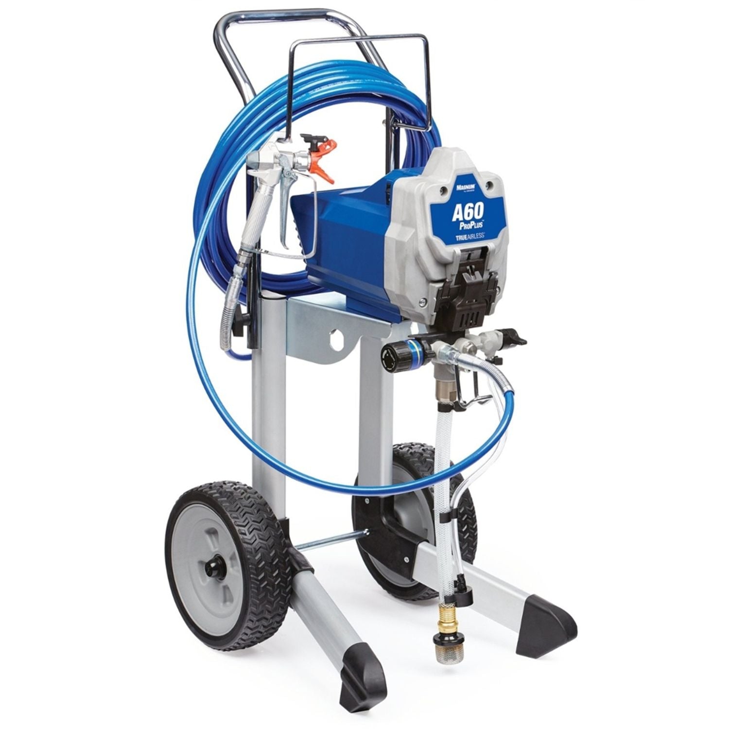 Wheeled electric airless paint sprayer with blue hose and A60 ProPlus motor