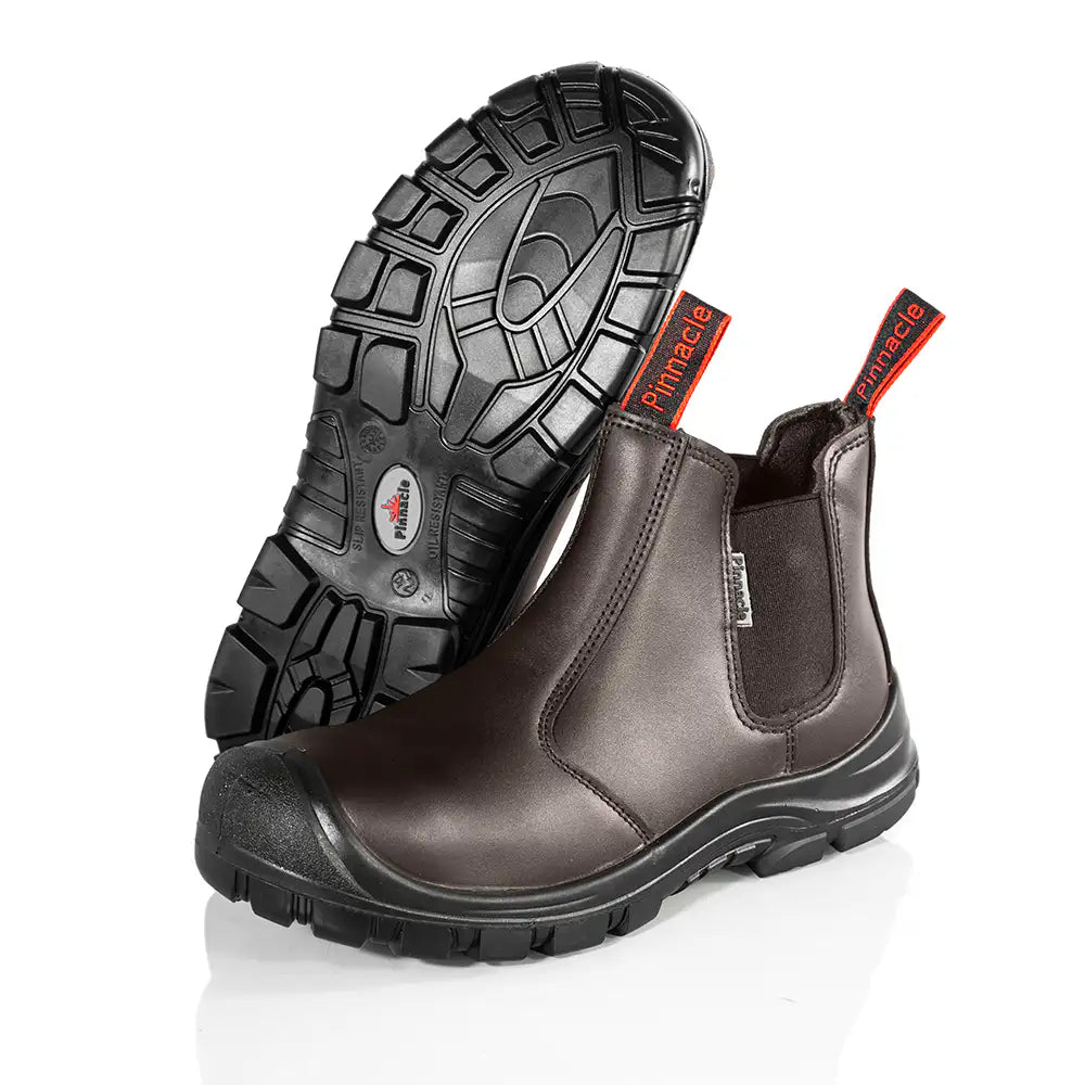 Brown Chelsea safety boots showing rugged outsole tread and elastic side panels