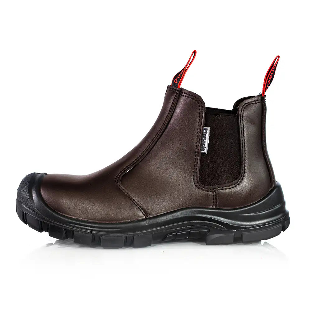Brown Chelsea safety boots with elastic side panels and black tread sole
