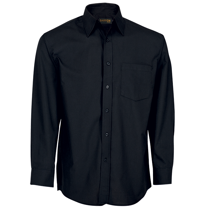 Men's black long-sleeve button-up shirt with chest pocket and button front