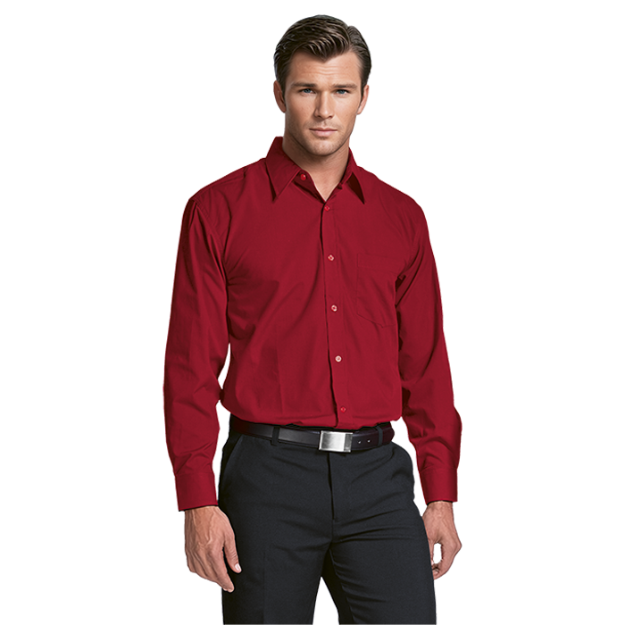 Men's red long-sleeve button-up shirt, chest pocket, collar and button placket