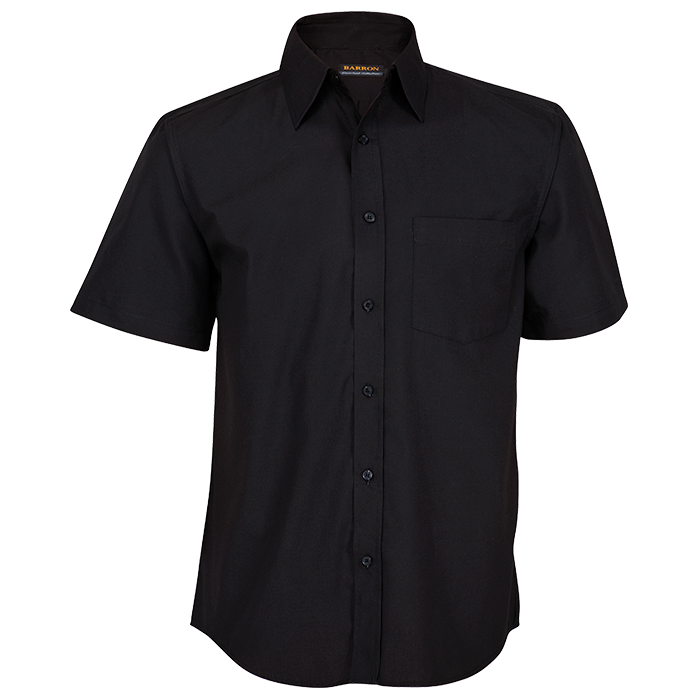 Men's black poly-cotton short-sleeve button-up shirt with chest pocket
