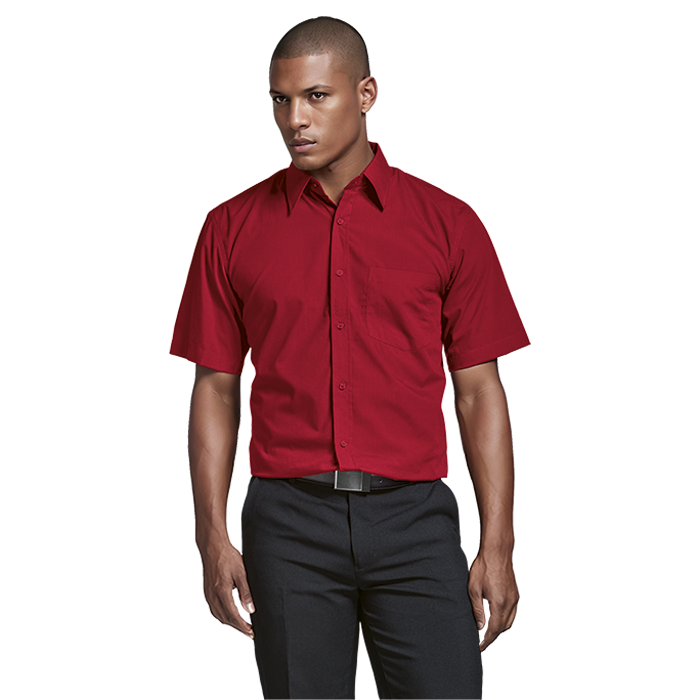 Men's red poly-cotton short-sleeve button-up shirt on model with chest pocket