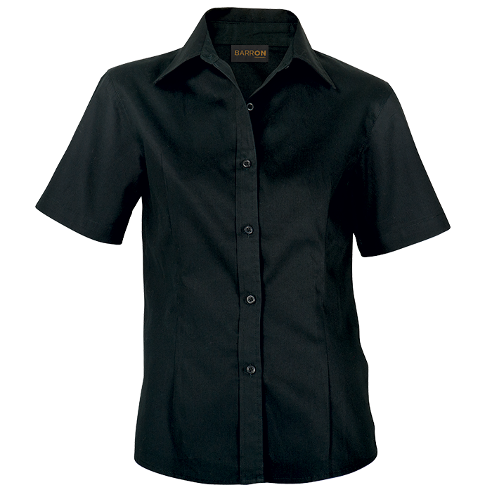 Women's brushed cotton twill blouse, black, short-sleeve button-front with collar