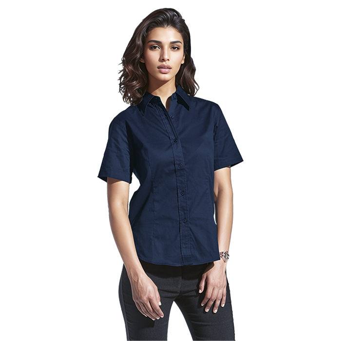 Women's brushed cotton twill blouse, navy, short-sleeve button-front shirt styling