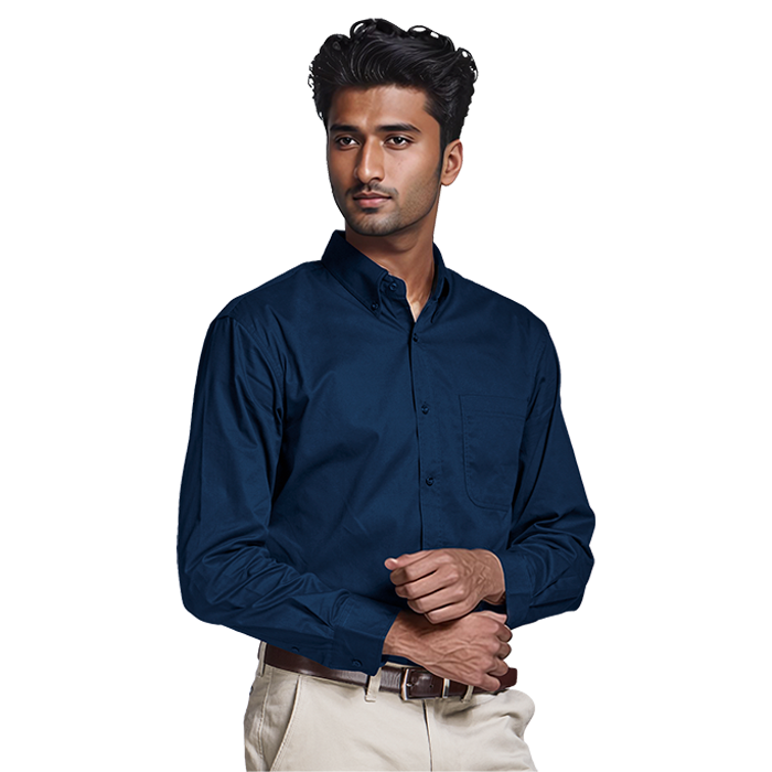 Navy brushed cotton twill lounge long-sleeve button-up shirt, chest pocket detail