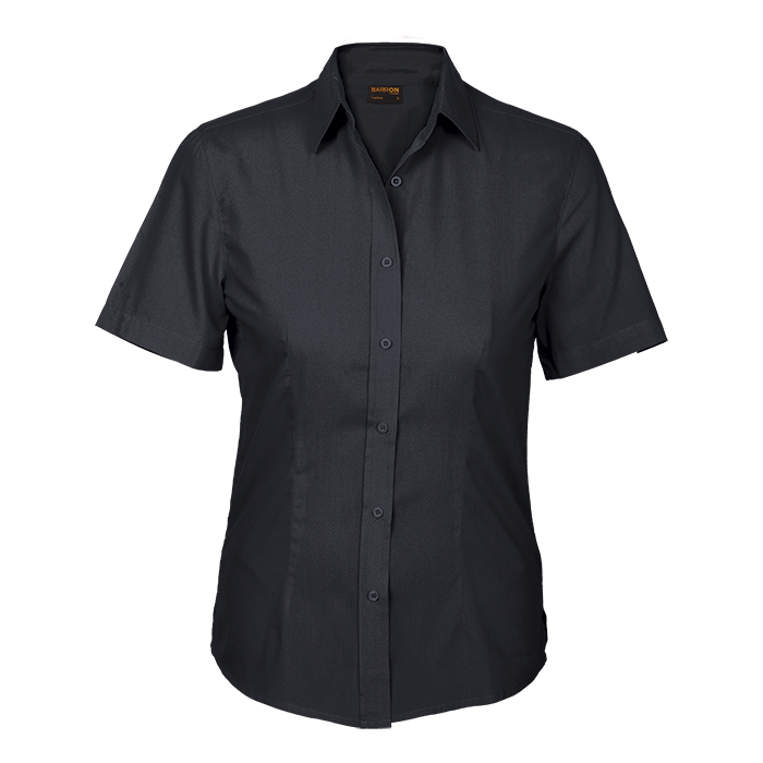 Black short-sleeve button-up ladies blouse with pointed collar and front placket