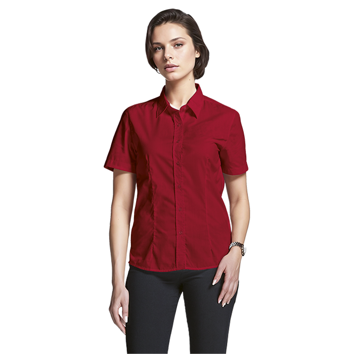 Red short-sleeve button-up ladies blouse with pointed collar and front buttons